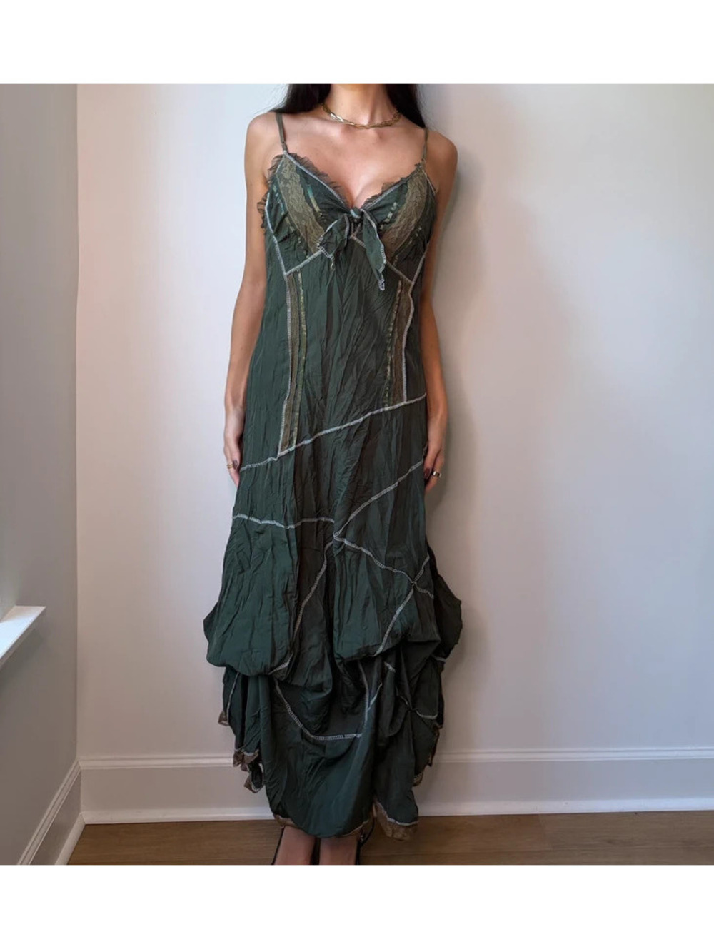 MyDesign Paris Y2K Green Fairy Pirate Maxi Dress Corset Lace-Up Handkerchief Hem